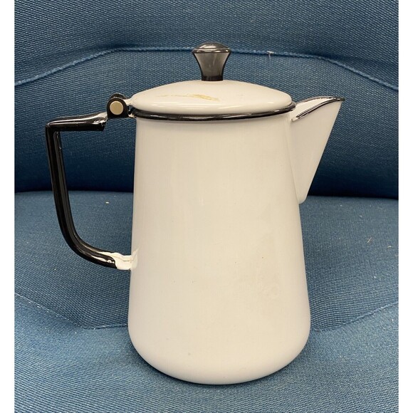 Vintage White Enamelware w/ Black Trim Cowboy Camping Coffee Pot Farmhouse Decor - Picture 1 of 4